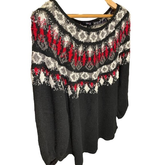 Style & Co Black Red Patterned Round Neck Bishop Sleeve Knit Sweater Sz 1X - Picture 4 of 10